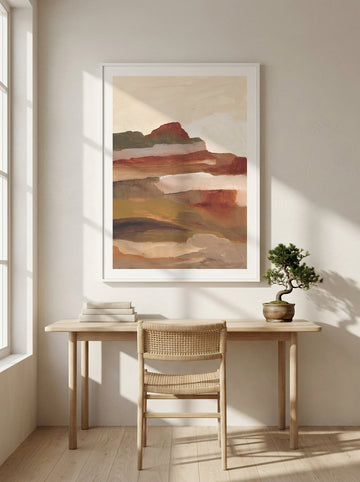 Modern wall art print styled on the wall in a warm Japandi home office