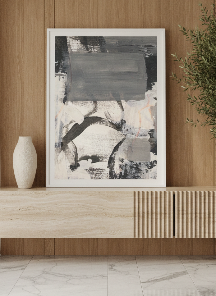 Modern wall art print standing on a console in a luxe bedroom