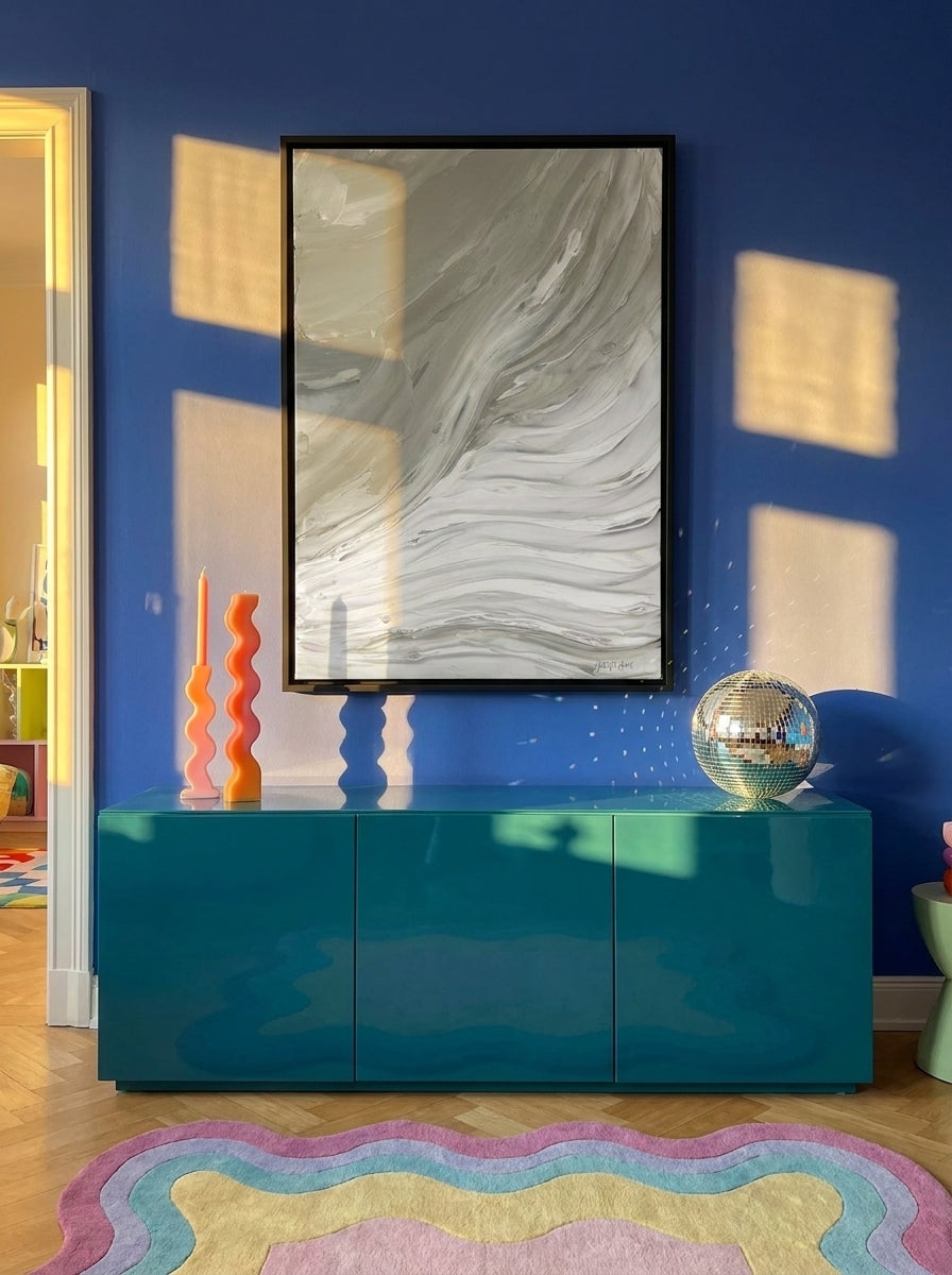 Canvas wall art with a black surround styled on the wall in a colourful eclectic living room