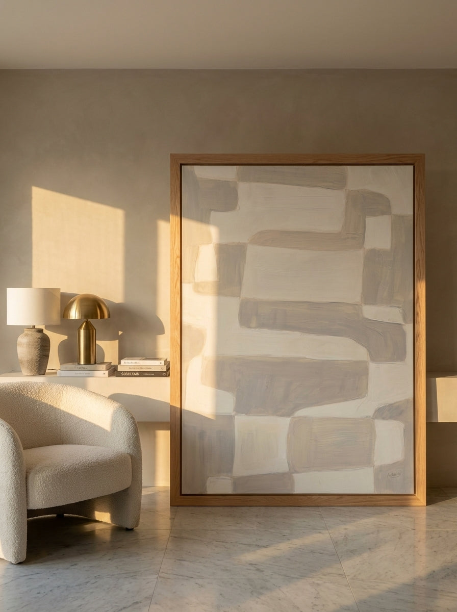 Oversized statement modern wall art print leaning against the wall in a luxe dining room