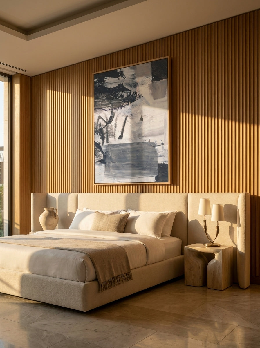 Oversized statement modern wall art print styled on the wall in a luxe bedroom
