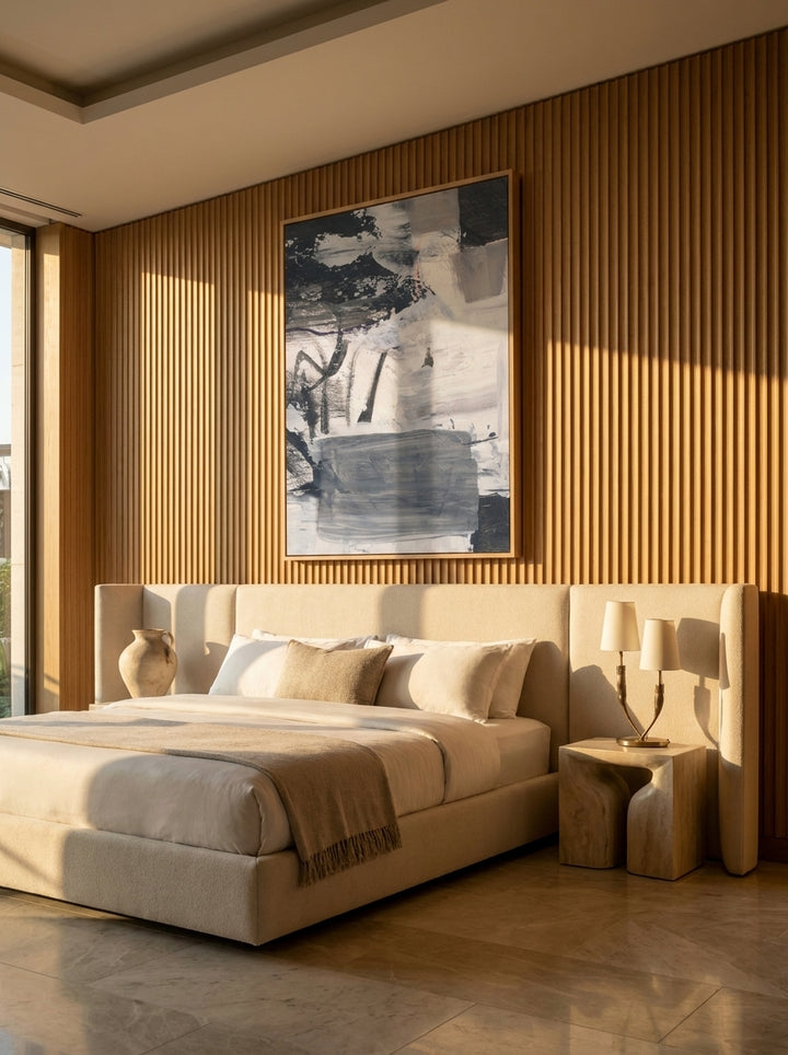 Oversized statement modern wall art print styled on the wall in a luxe bedroom