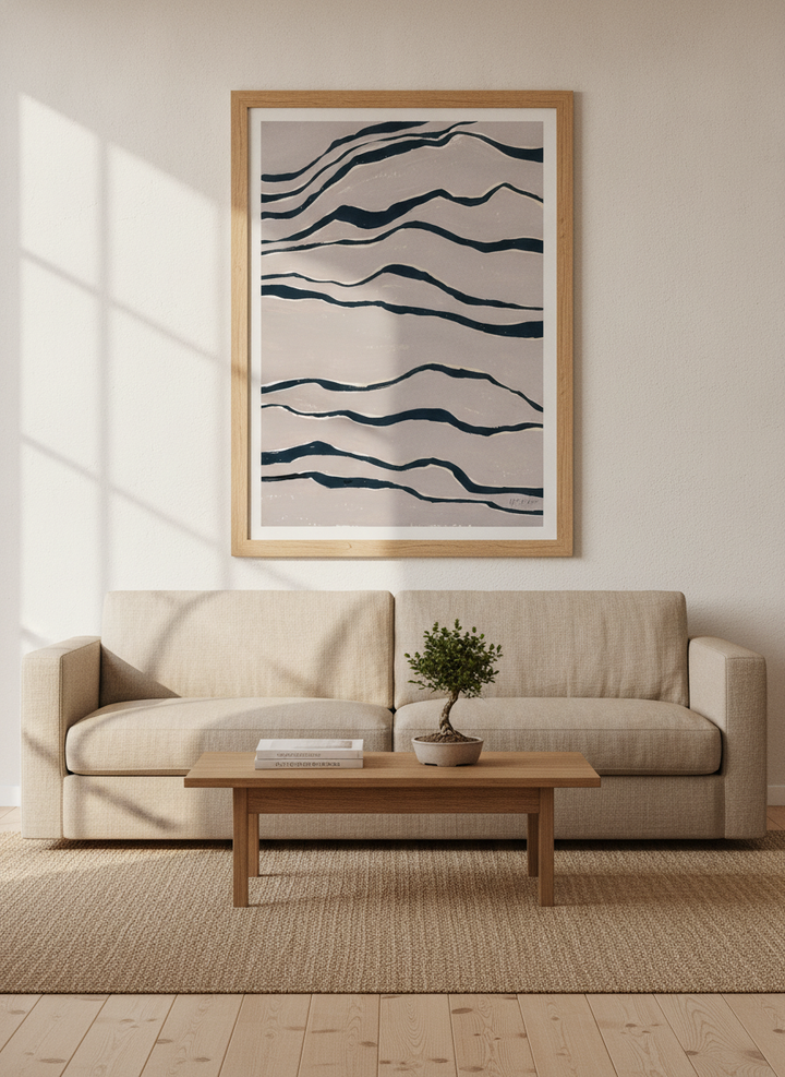 Modern wall art print styled on the wall in a warm Japandi living room