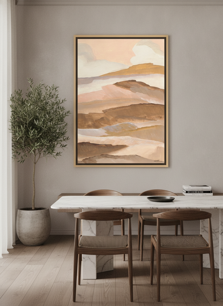 Oversized statement canvas wall art with a natural timber surround styled on the wall in a luxe dining room