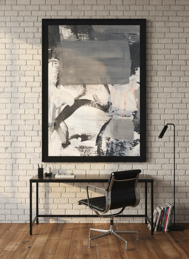 Oversized statement modern wall art print styled on the wall in an industrial loft home office