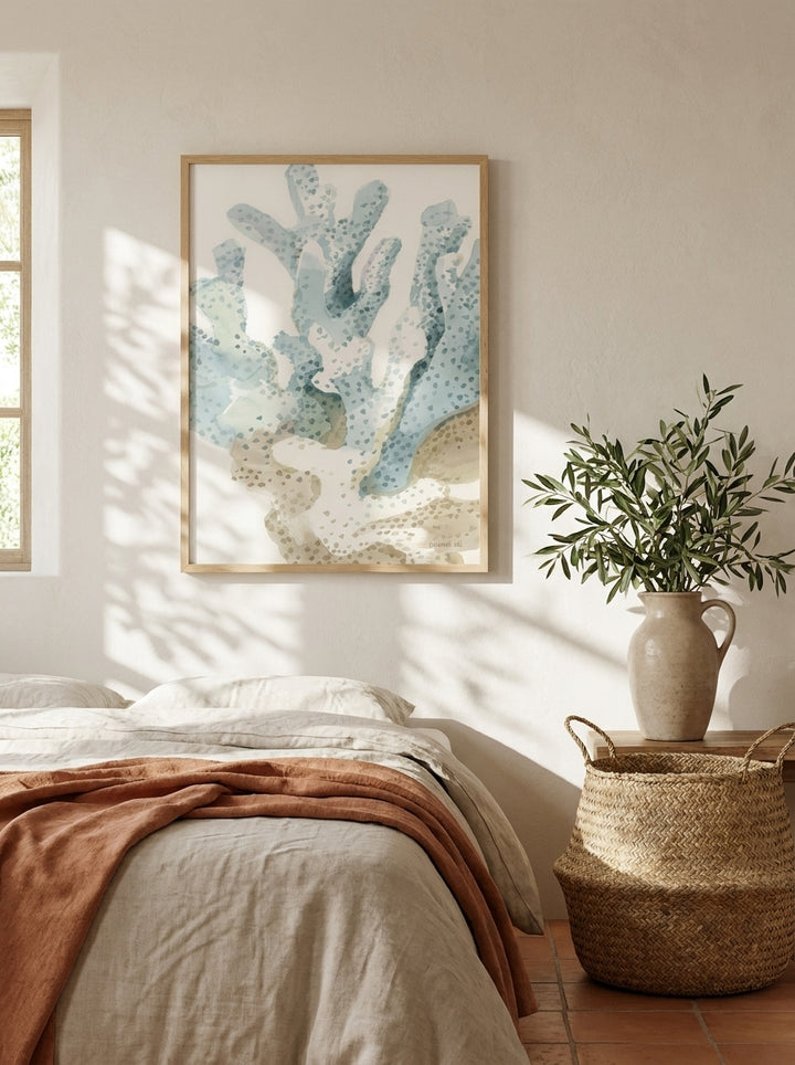 Modern wall art print styled on the wall in a Mediterranean bedroom