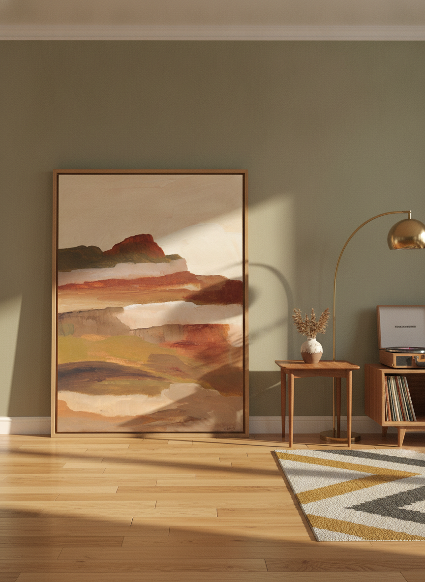 Oversized statement modern wall art print leaning against the wall in a mid-century dining room