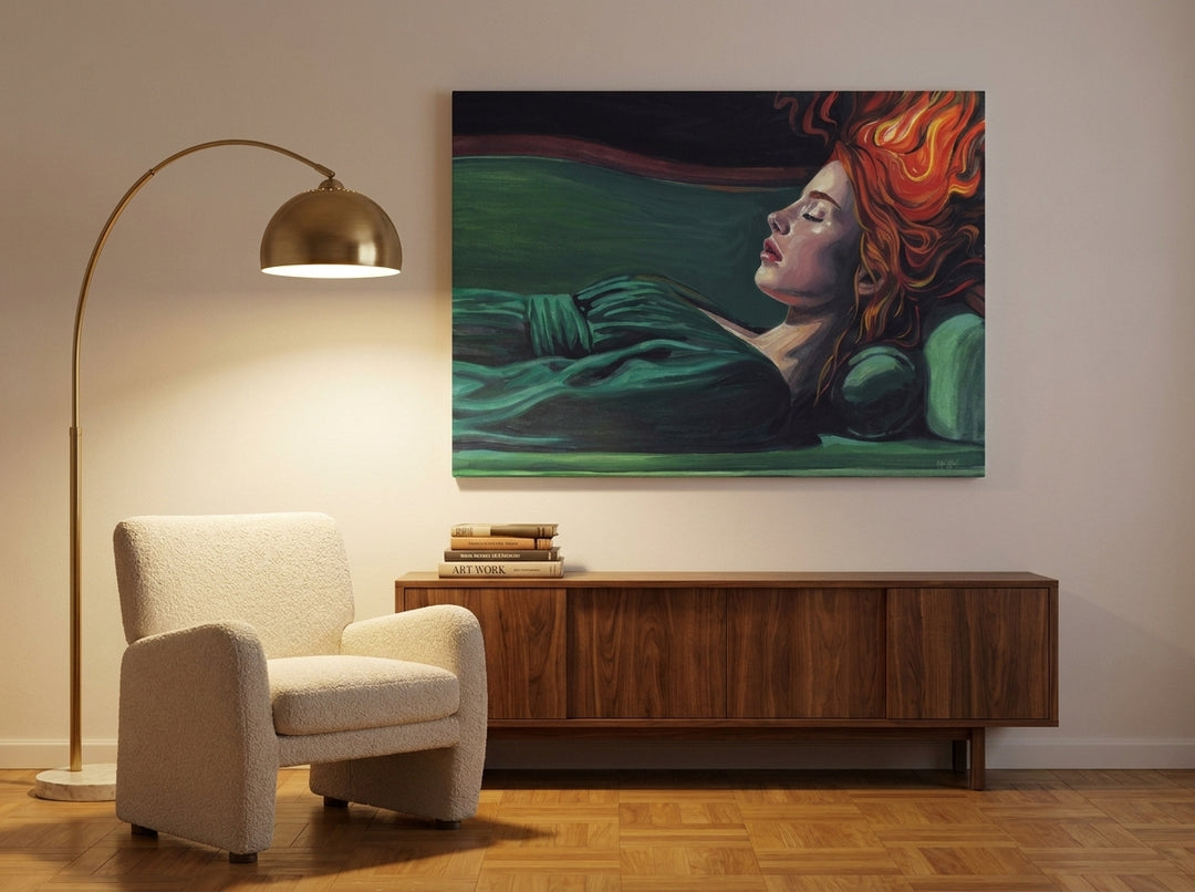 Stretched canvas wall art styled on the wall in a mid-century living room