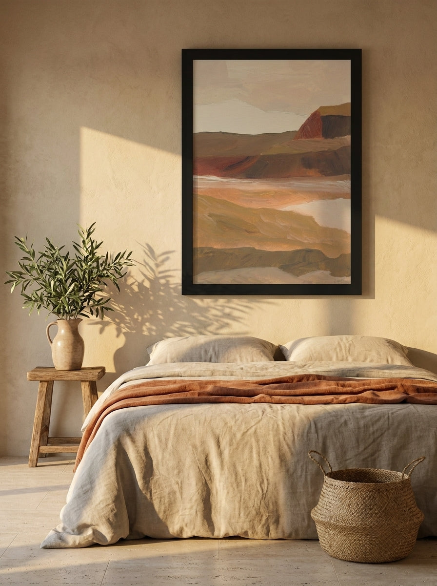 Modern wall art print styled on the wall in a Mediterranean bedroom