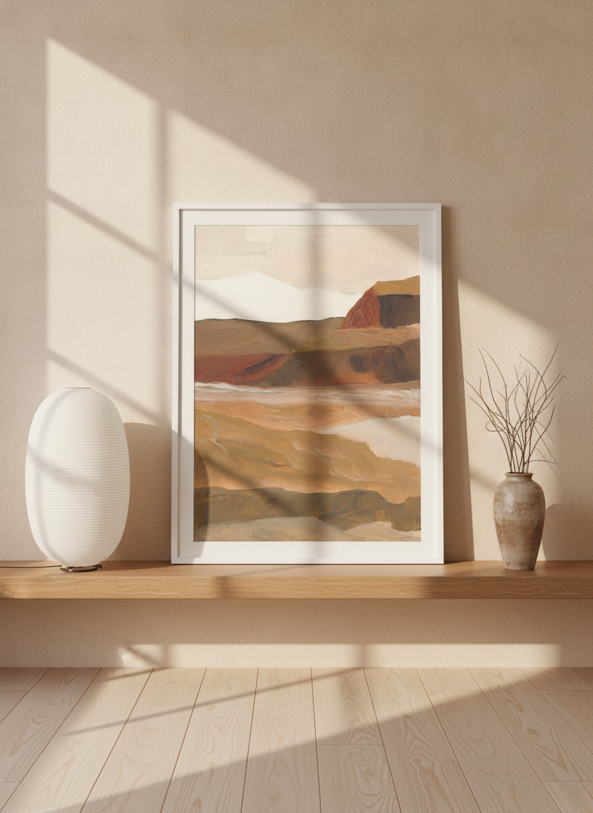 Modern wall art print standing on a shelf in a warm Japandi home office