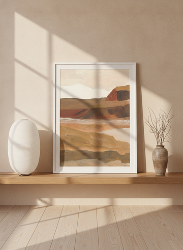 Modern wall art print standing on a shelf in a warm Japandi home office
