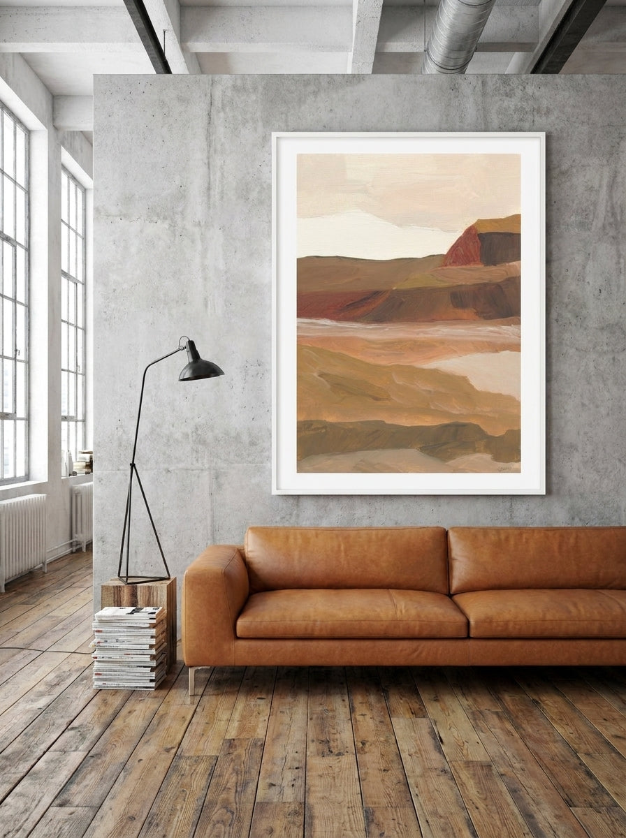 Oversized statement modern wall art print styled on the wall in an industrial loft living room