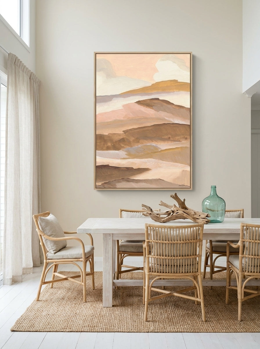 Oversized statement modern wall art print styled on the wall in a coastal dining room