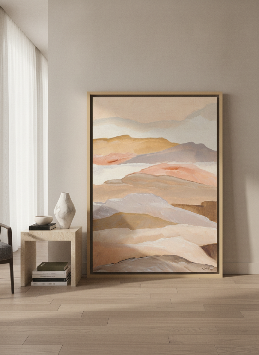 Oversized statement canvas wall art with a natural timber surround leaning against the wall in a luxe bedroom