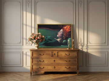 Canvas wall art with a gold leaf surround standing on a sideboard in a Parisian bedroom