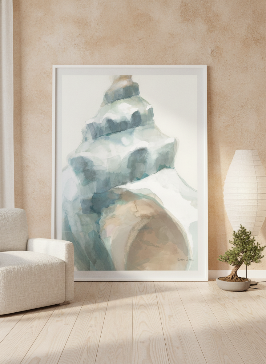Oversized statement modern wall art print leaning against the wall in a warm Japandi living room