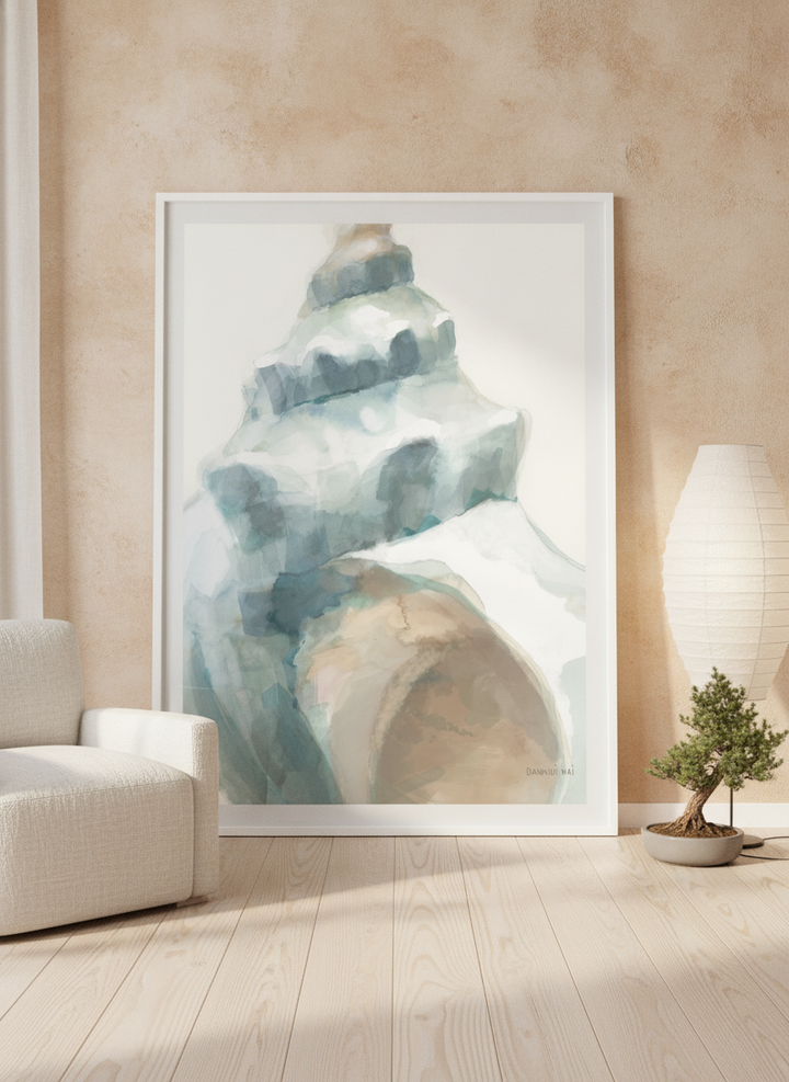 Oversized statement modern wall art print leaning against the wall in a warm Japandi living room