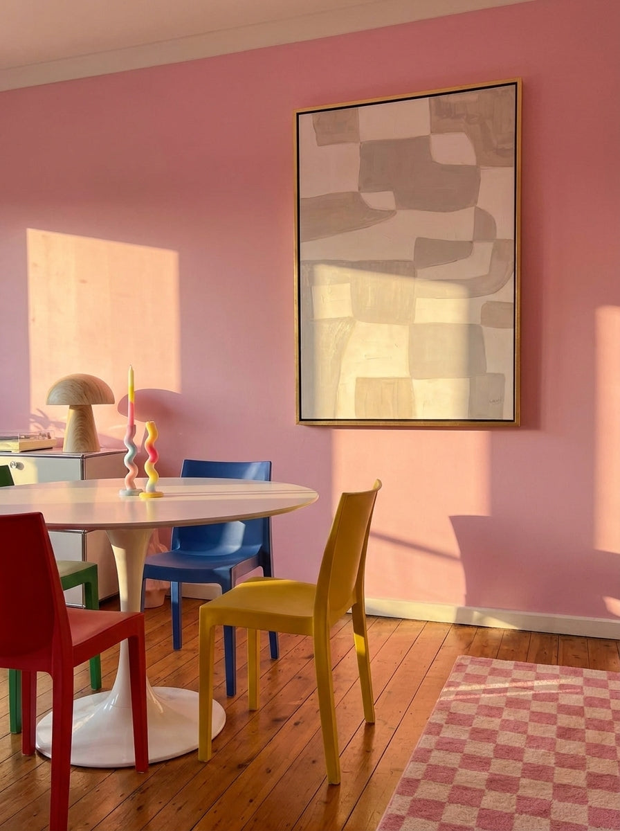 Canvas wall art with a gold leaf surround styled on the wall in a colourful eclectic dining room
