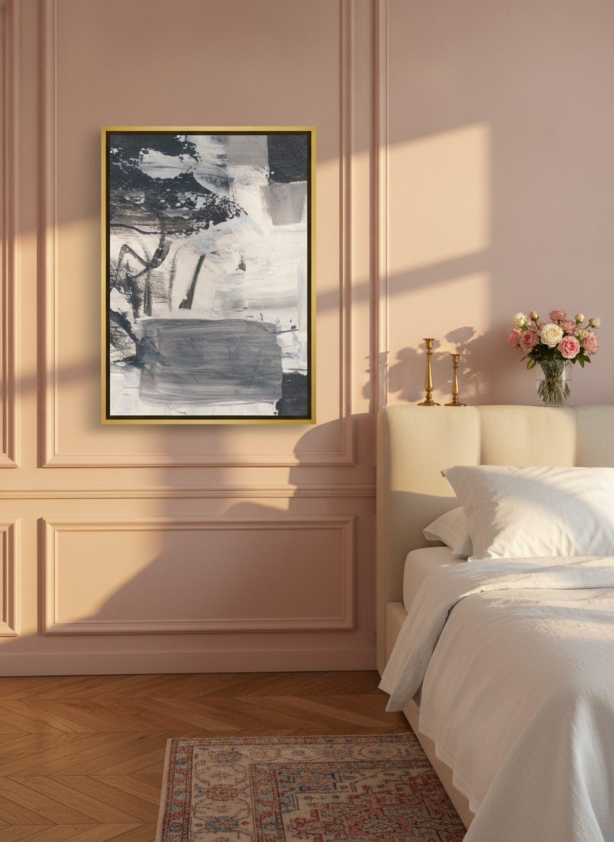 Canvas wall art with a gold leaf surround styled on the wall in a Parisian bedroom