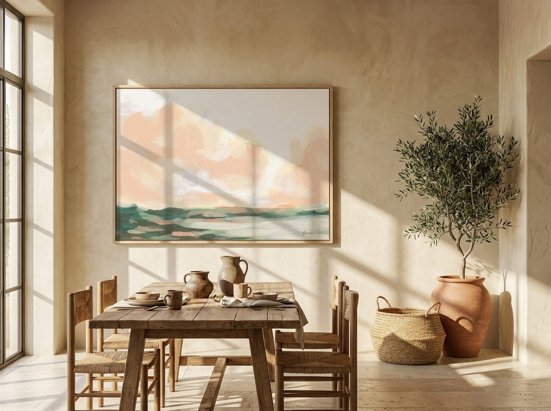 Oversized statement modern wall art print styled on the wall in a Mediterranean dining room
