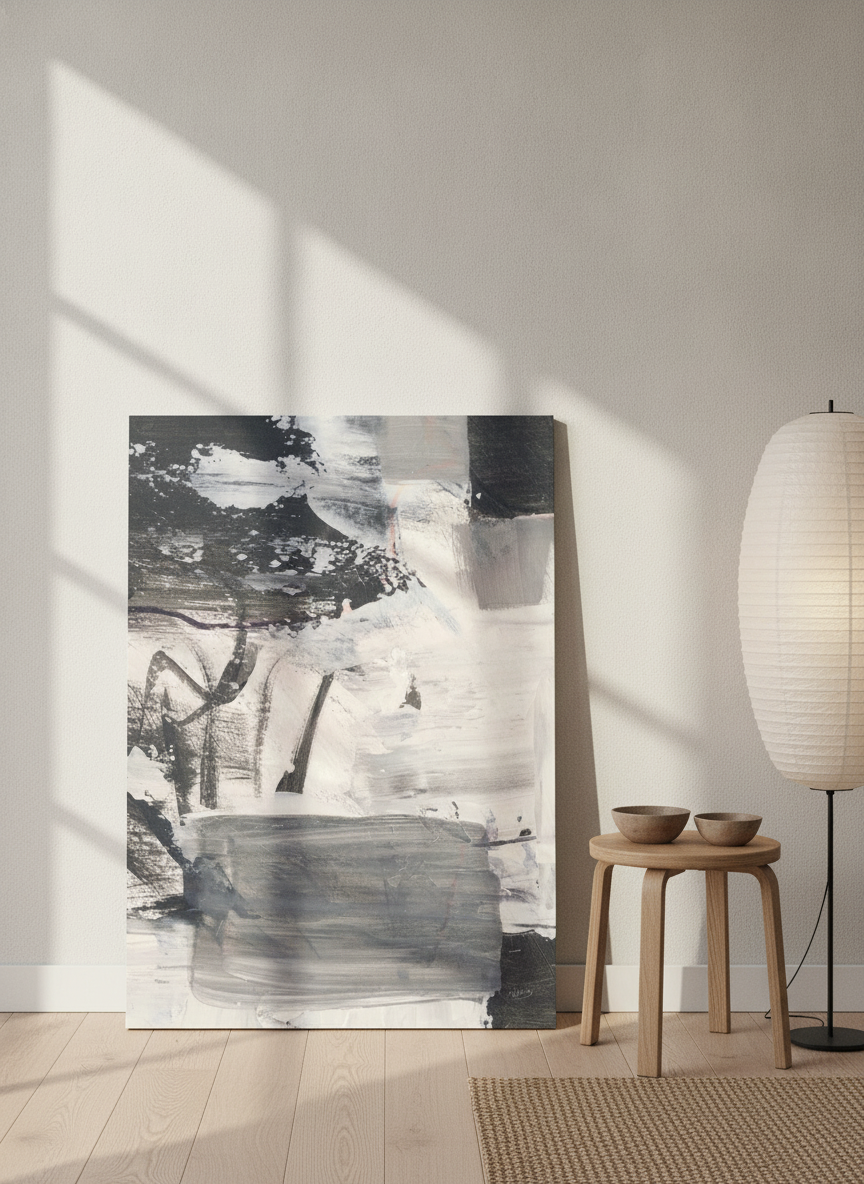 Stretched canvas wall art leaning against the wall in a warm Japandi bedroom