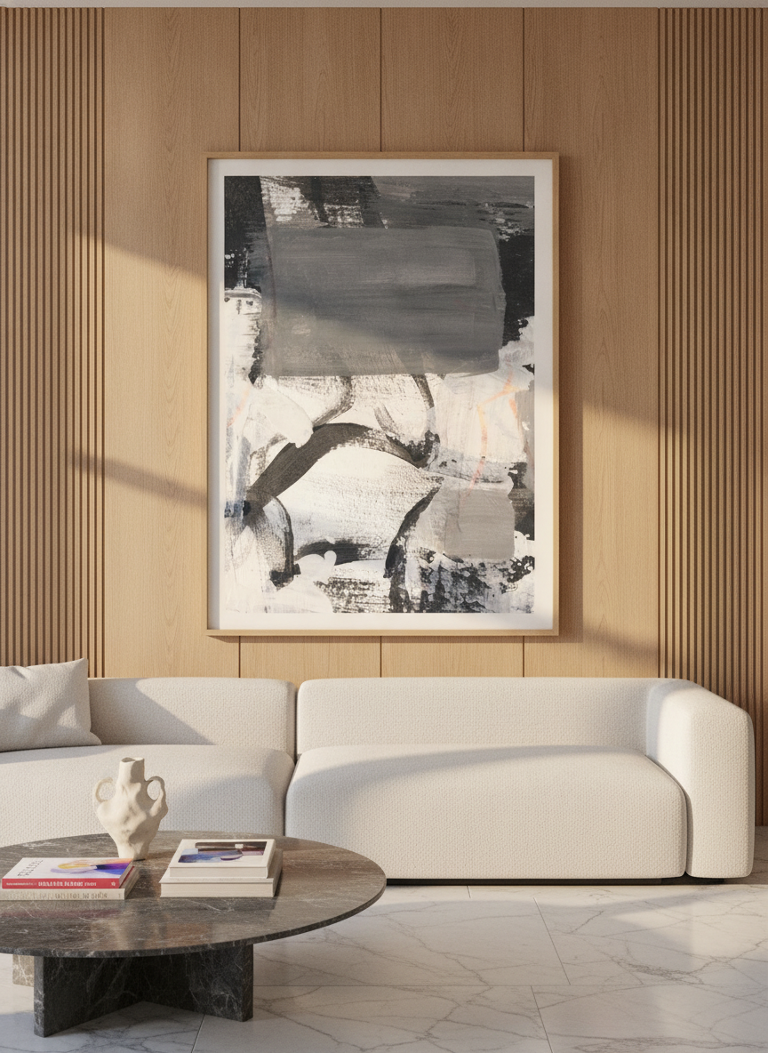 Oversized statement modern wall art print styled on the wall in a luxe living room