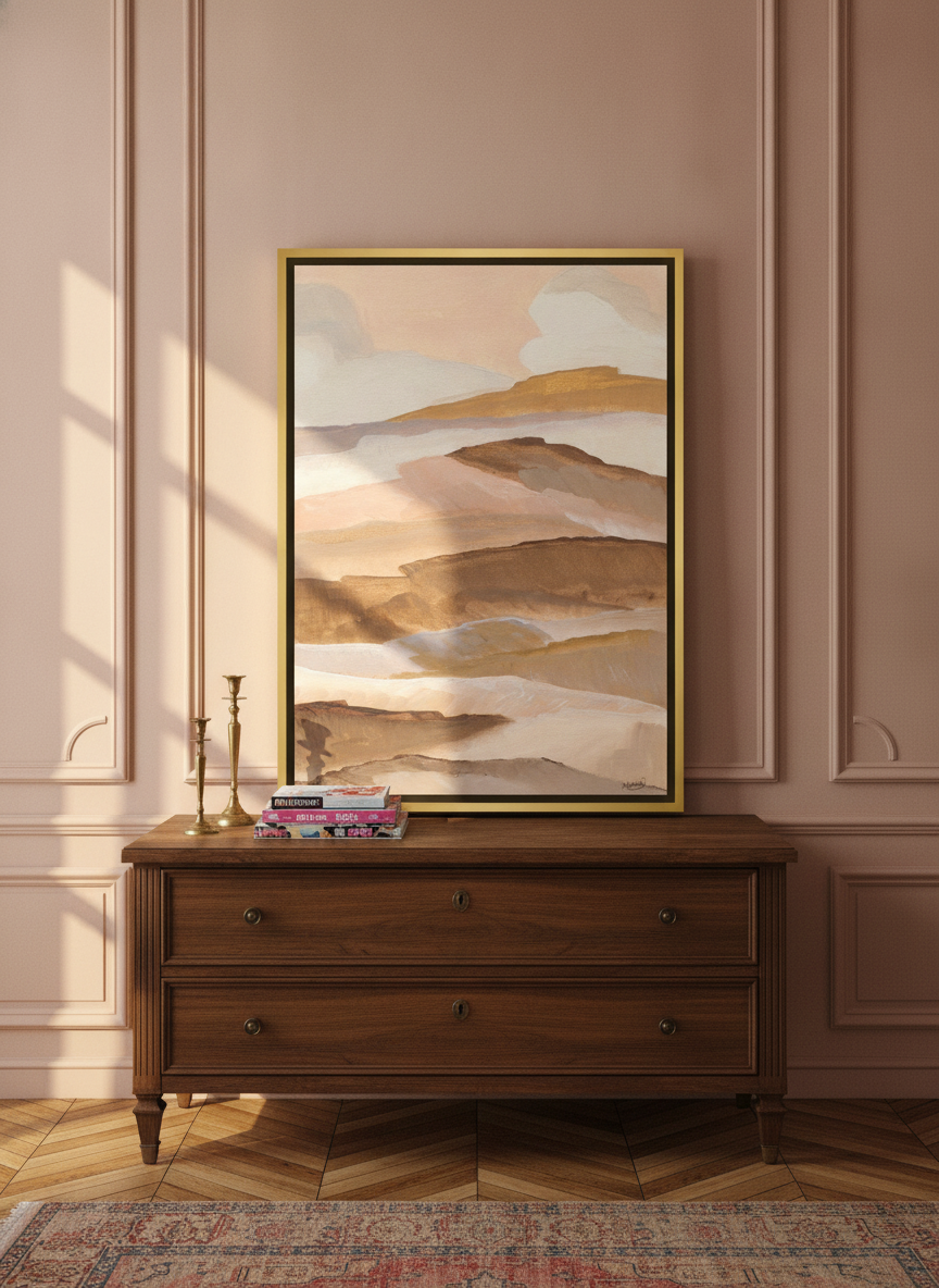 Canvas wall art with a gold leaf surround standing on a sideboard in a Parisian home office