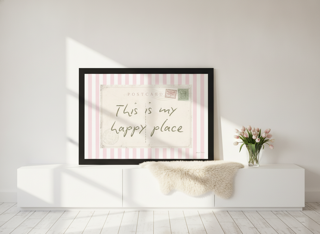 Modern wall art print standing on a sideboard in a bright Scandinavian bedroom