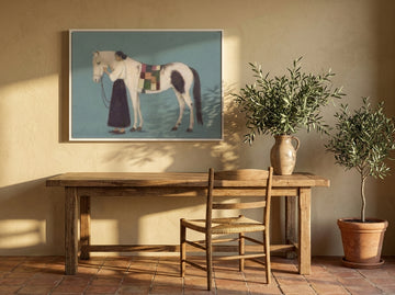 Modern wall art print styled on the wall in a Mediterranean home office