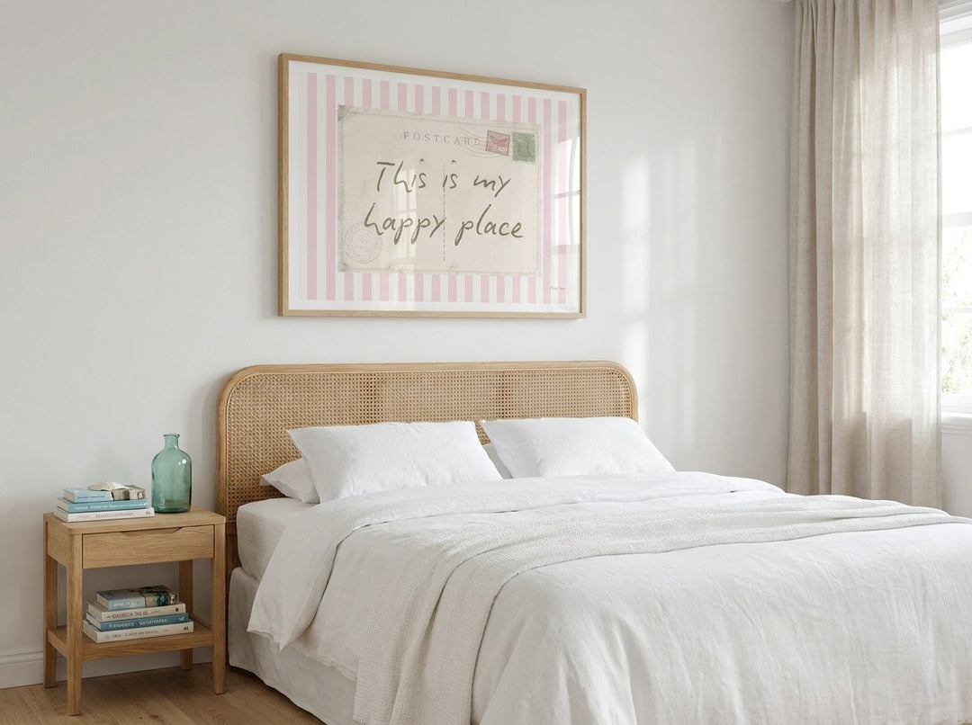 Modern wall art print styled on the wall in a coastal bedroom