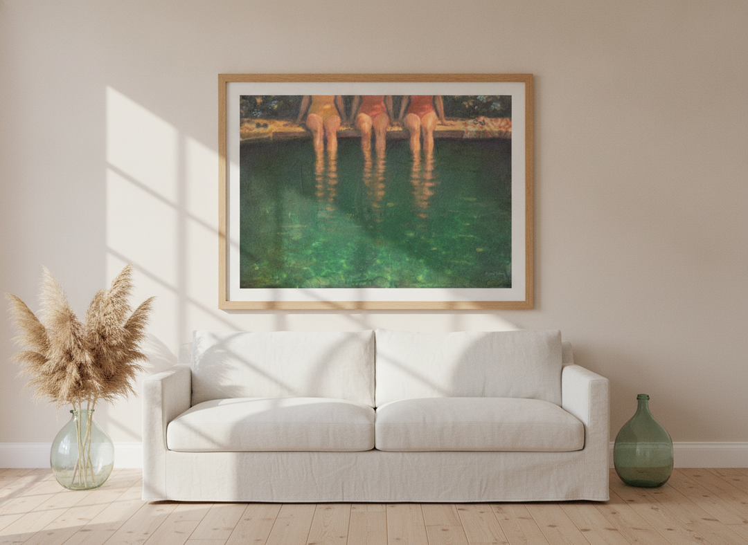 Oversized statement modern wall art print styled on the wall in a coastal living room
