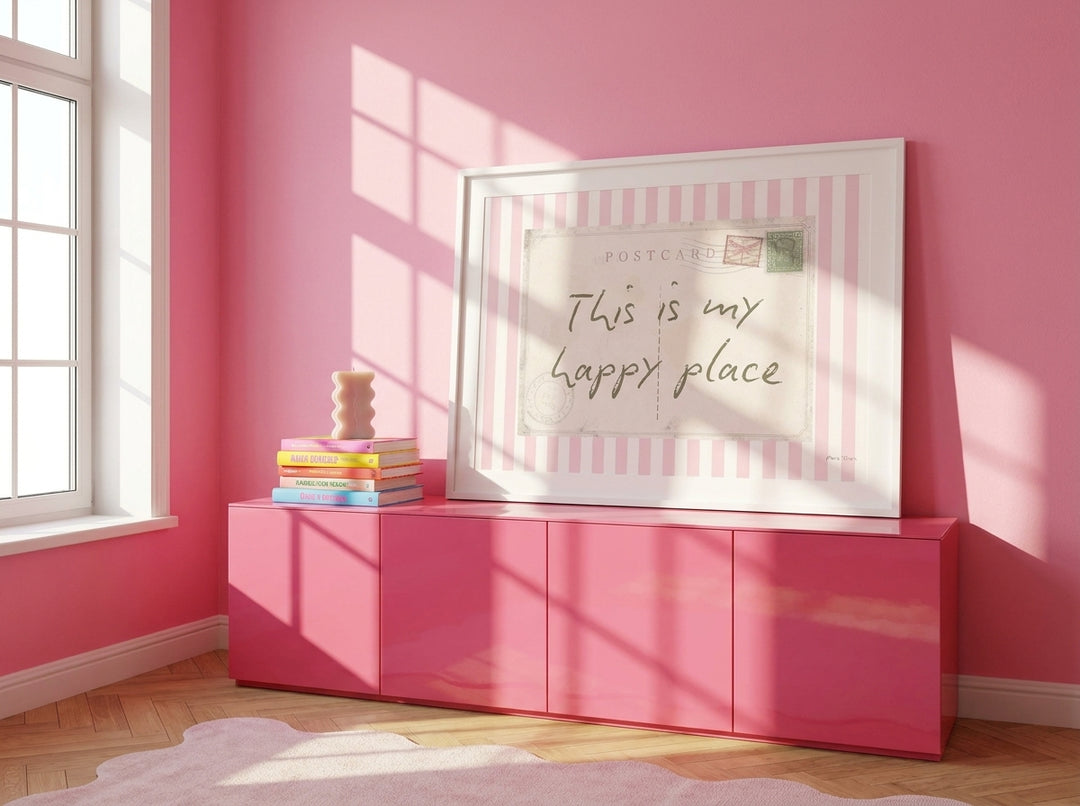 Modern wall art print standing on a sideboard in a colourful eclectic home office
