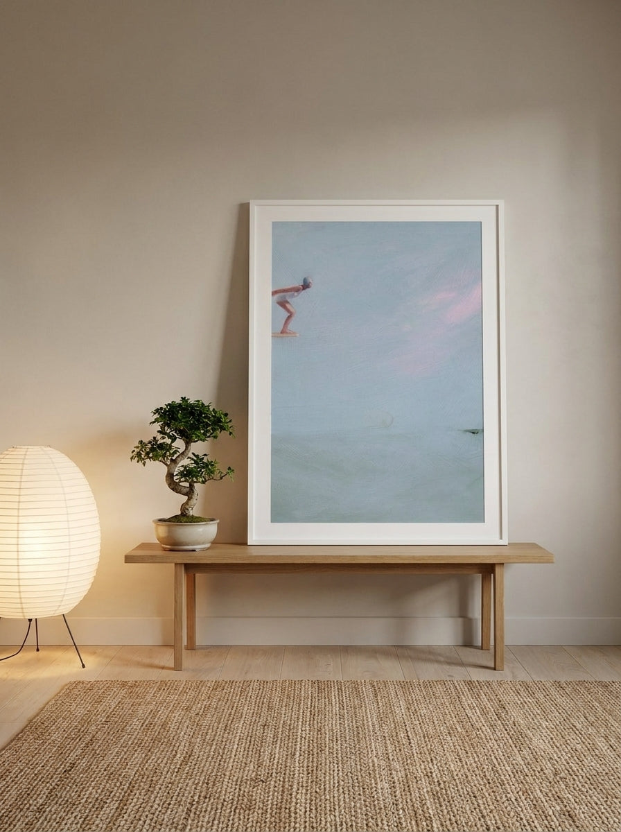 Modern wall art print standing on a bench in a warm Japandi home office