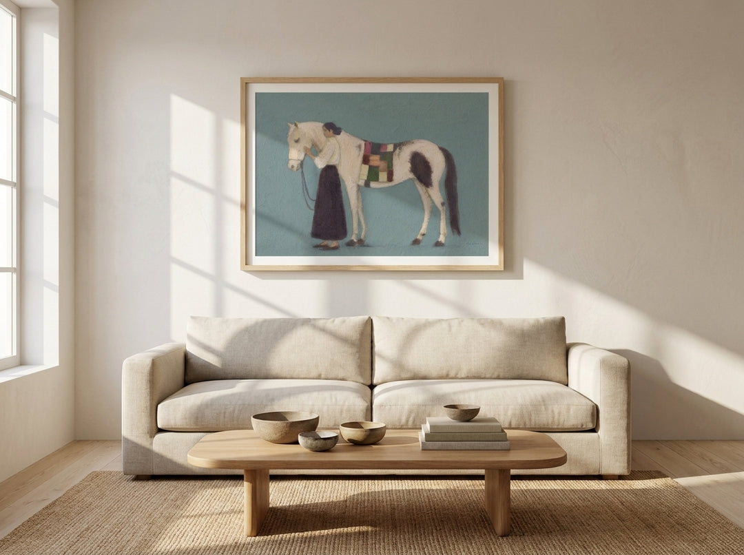 Modern wall art print styled on the wall in a warm Japandi living room