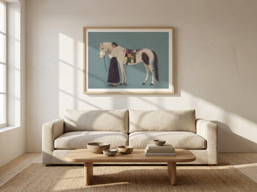 Modern wall art print styled on the wall in a warm Japandi living room