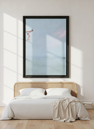 Oversized statement modern wall art print styled on the wall in a coastal bedroom