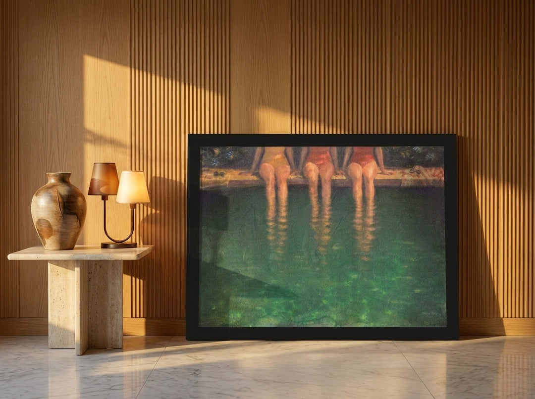 Modern wall art print leaning against the wall in a luxe dining room