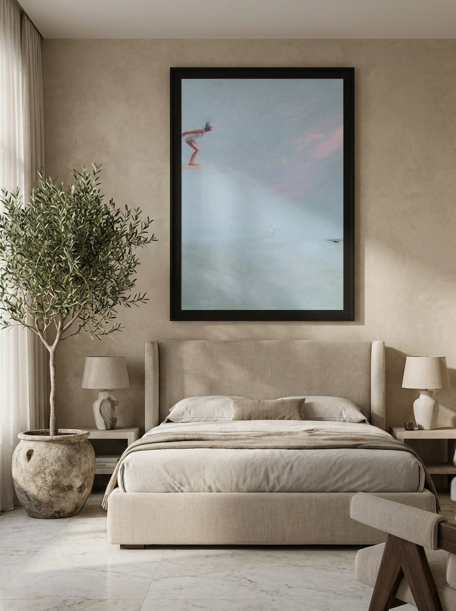 Oversized statement modern wall art print styled on the wall in a luxe bedroom