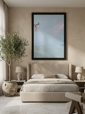 Oversized statement modern wall art print styled on the wall in a luxe bedroom