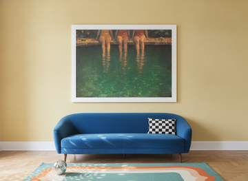 Oversized statement modern wall art print styled on the wall in a colourful eclectic living room