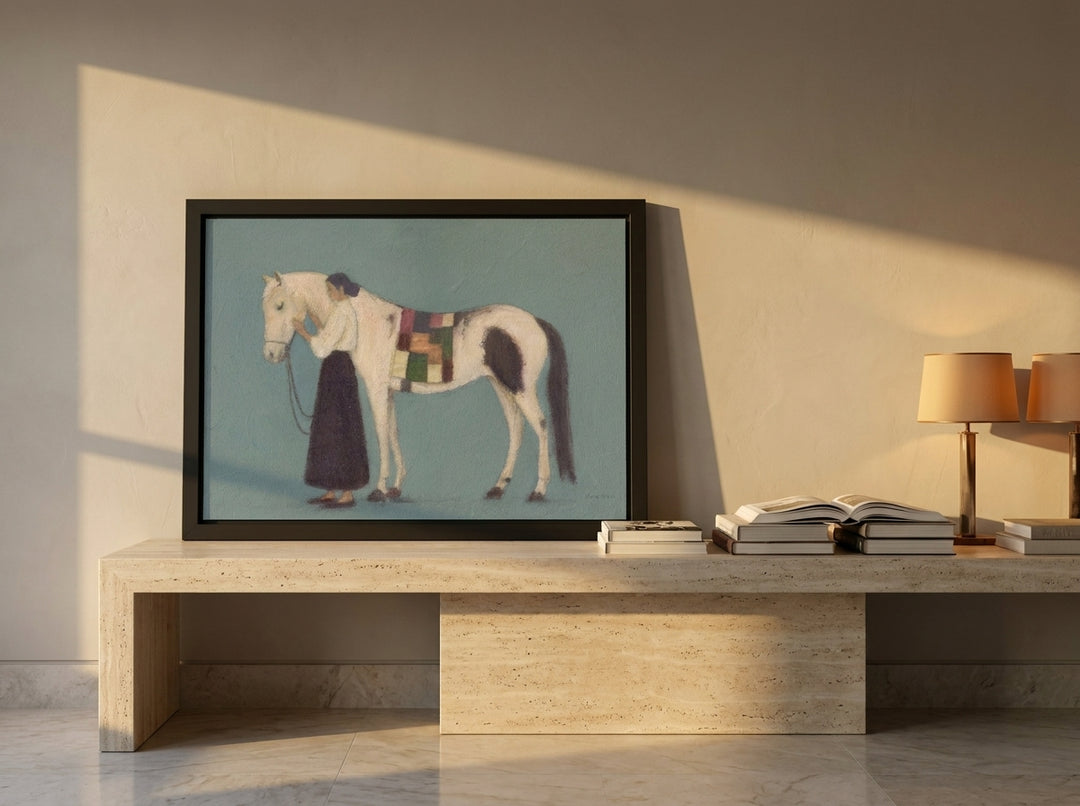 Modern wall art print standing on a console in a luxe bedroom