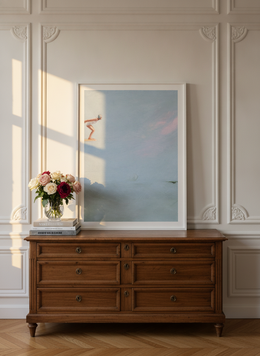 Modern wall art print standing on a sideboard in a Parisian living room