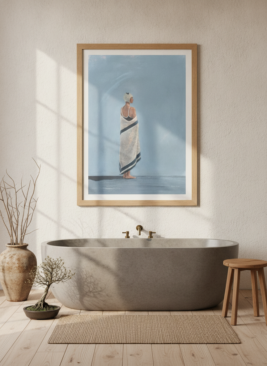Modern wall art print styled on the wall in a warm Japandi bathroom
