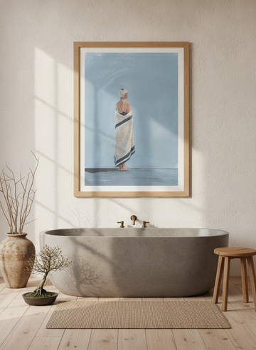 Modern wall art print styled on the wall in a warm Japandi bathroom
