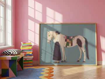 Oversized statement modern wall art print leaning against the wall in a colourful eclectic dining room