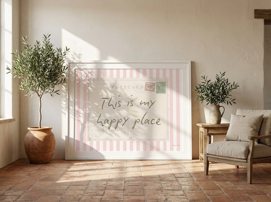 Oversized statement modern wall art print leaning against the wall in a Mediterranean living room