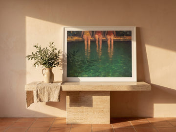 Modern wall art print standing on a console in a Mediterranean bedroom