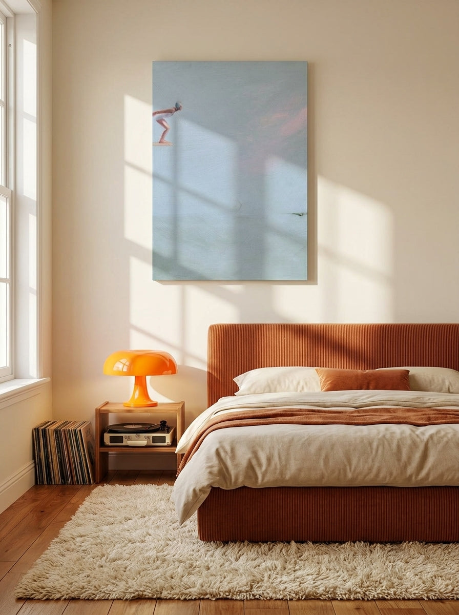 Stretched canvas wall art styled on the wall in a retro 70s bedroom