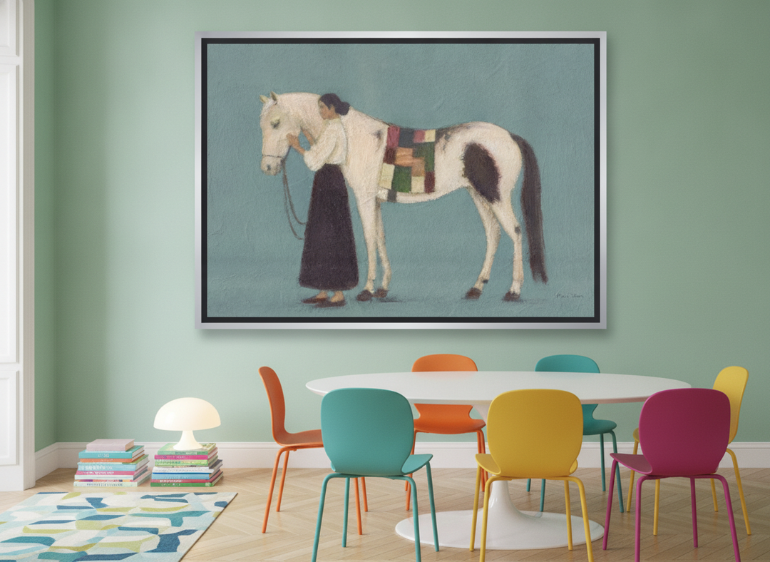 Oversized statement canvas wall art with a silver leaf surround styled on the wall in a colourful eclectic dining room