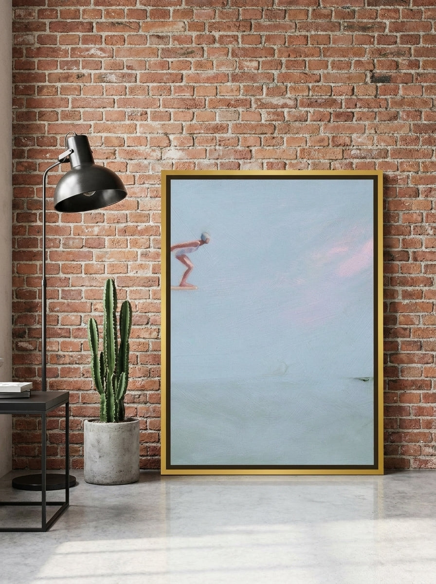 Canvas wall art with a gold leaf surround leaning against the wall in an industrial loft living room